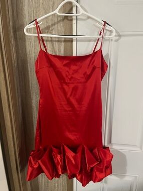 privy Red Satin Ruffle-Hem Slip Dress
